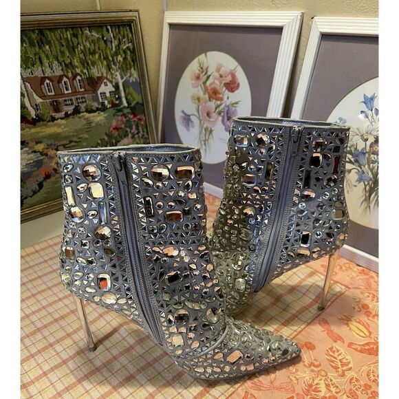 Steve Madden Stiletto Crystalle Rhinestone Silver Ankle Boots Womens 11 Stunning - Picture 1 of 14